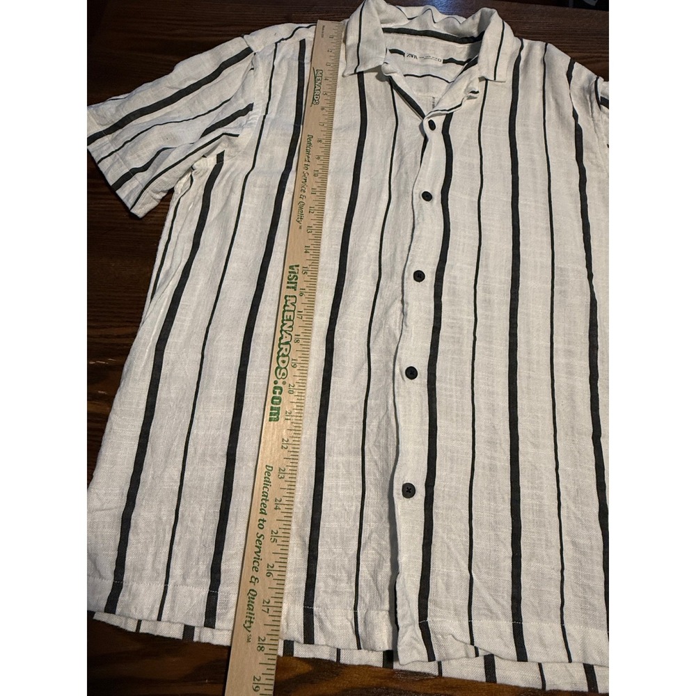 Zara Man XL White Black Vertical Stripe Linen Blend Short Sleeve Camp Shirt - Picture 6 of 16
